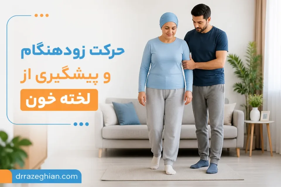 حرکت زودهنگام و پیشگیری از لخته خون — راه رفتن آرام در روزهای نخست پس از جراحی برای کمک به بهبود و پیشگیری از لخته خون