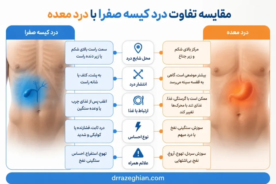 مقایسه تفاوت درد کیسه صفرا با درد معده — مقایسه محل درد کیسه صفرا در سمت راست بالای شکم با درد معده در مرکز بالای شکم